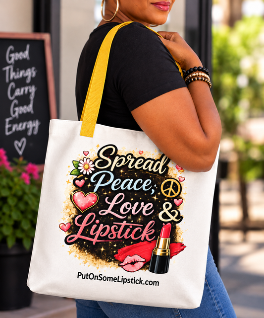 SPREAD PEACE, LOVE AND LIPSTICK tote bag